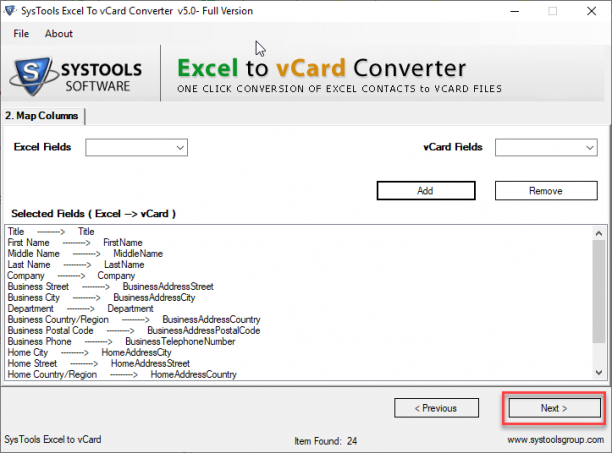 SysTools Excel to vCard Converter screen.png